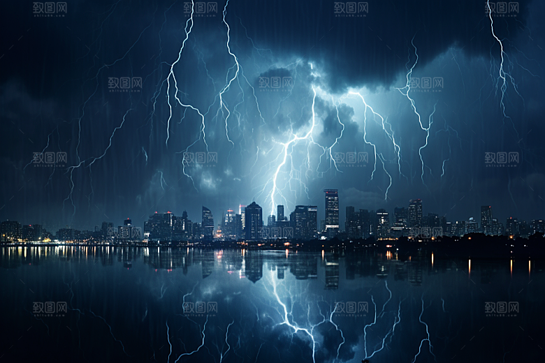 暴雨闪电气象城市摄影图
