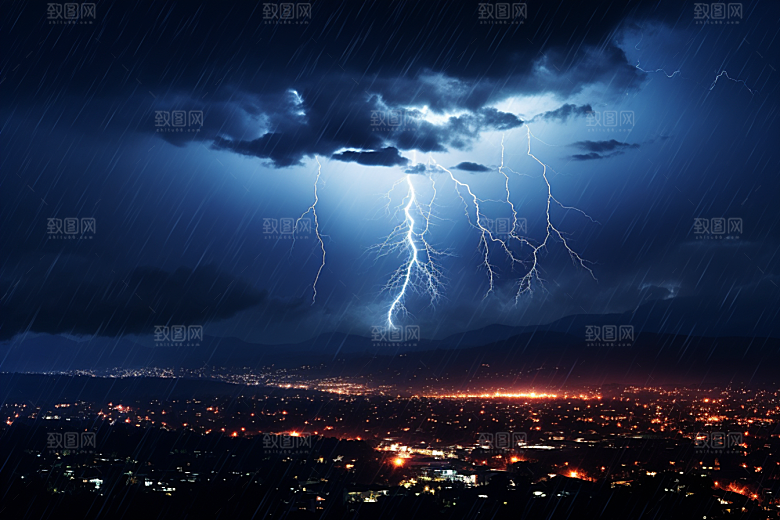 暴雨闪电电闪雷鸣自然灾害摄影图