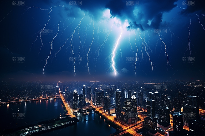暴雨闪电城市雷雨摄影图