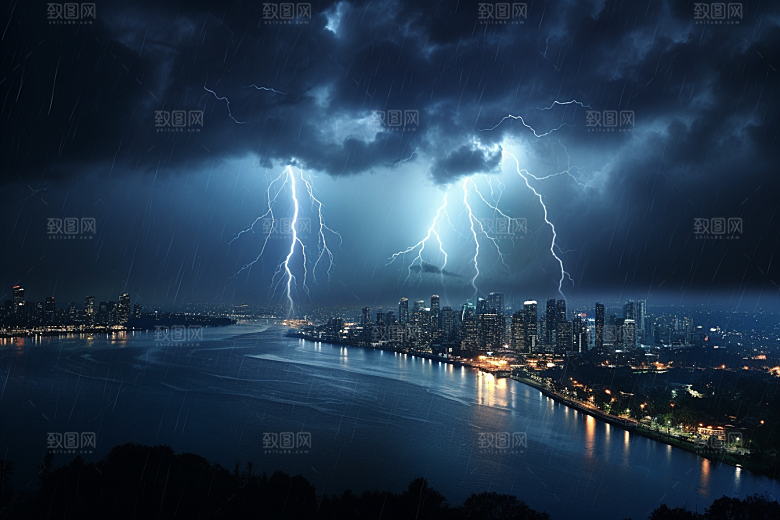 暴雨闪电气象城市摄影图