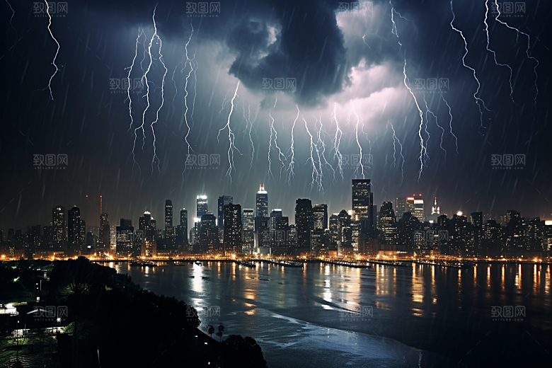 暴雨闪电城市自然现象摄影图