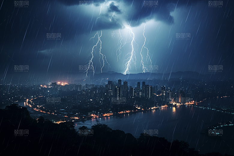 暴雨闪电城市雷雨摄影图