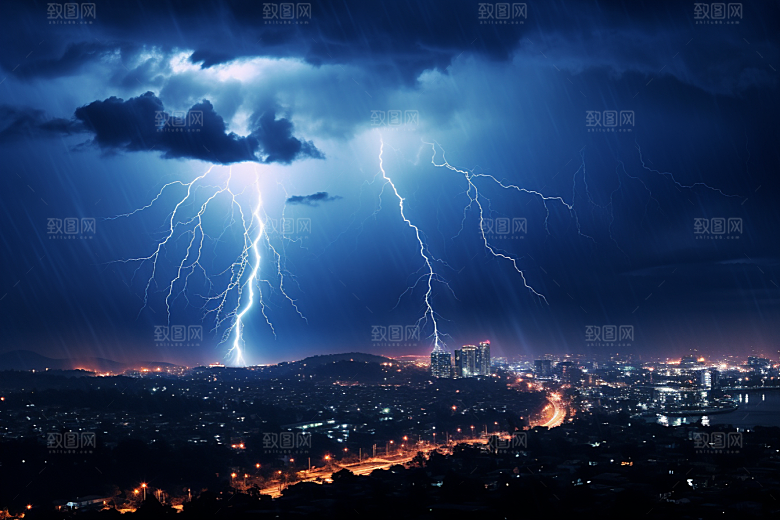 暴雨闪电恶劣天气城市摄影图