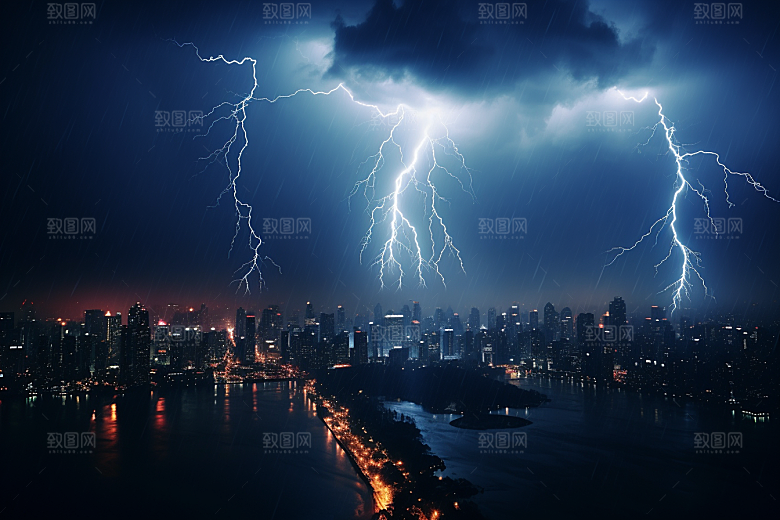 暴雨闪电城市极端天气摄影图