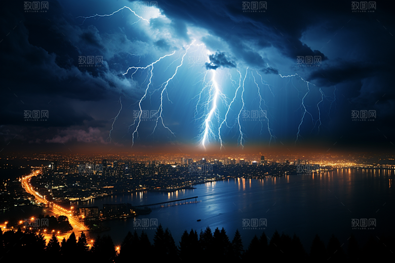 暴雨闪电城市恶劣天气摄影图