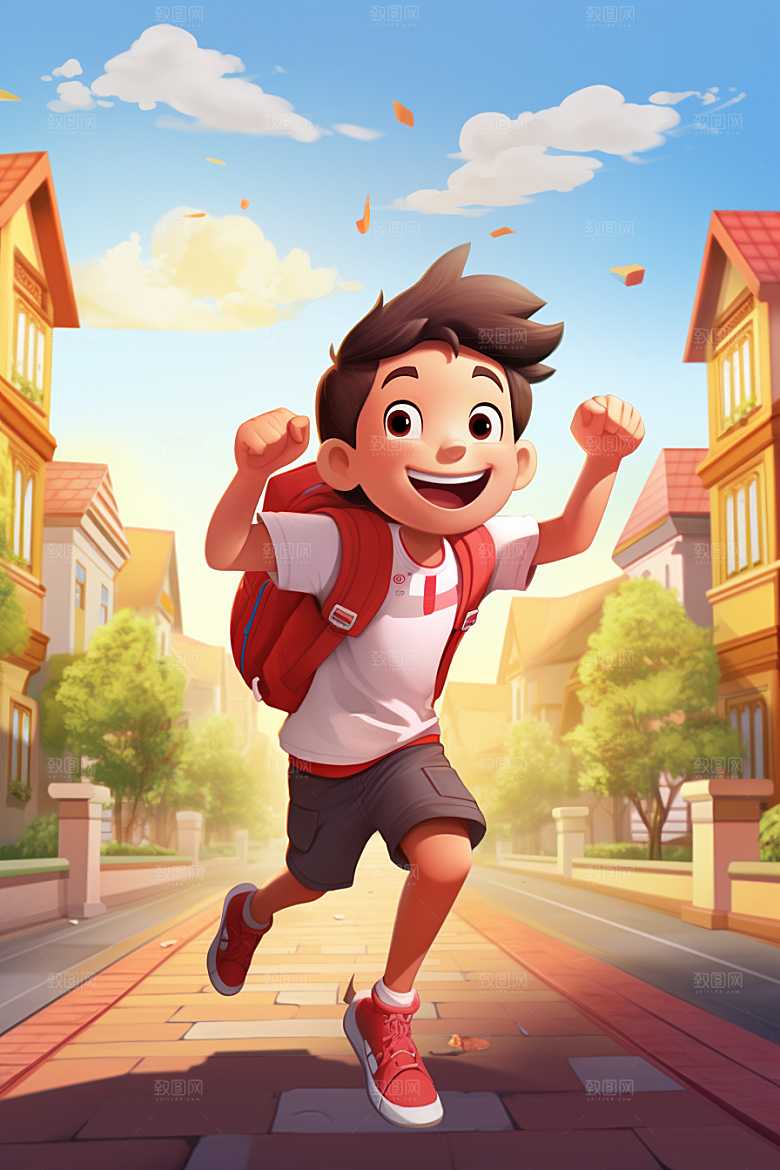 背书包的儿童模型奔跑素材