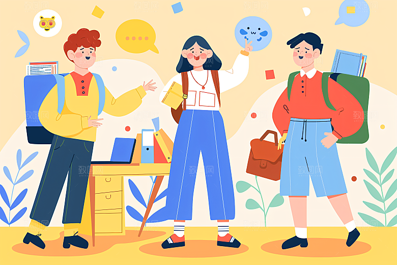 活力青年学生鲜明扁平风插画