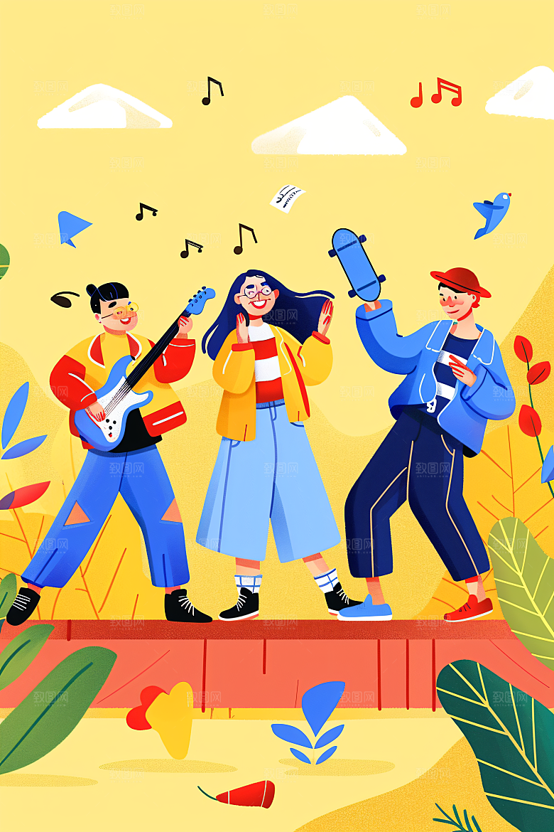 活力青年青春洋溢鲜明扁平风插画