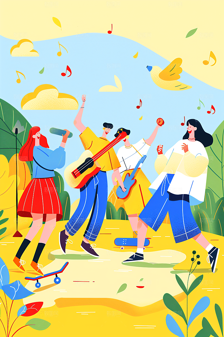 活力青年学生活泼扁平风插画