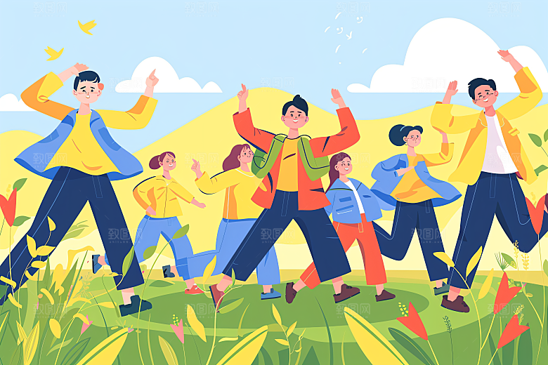 活力青年彩色成人礼扁平风插画