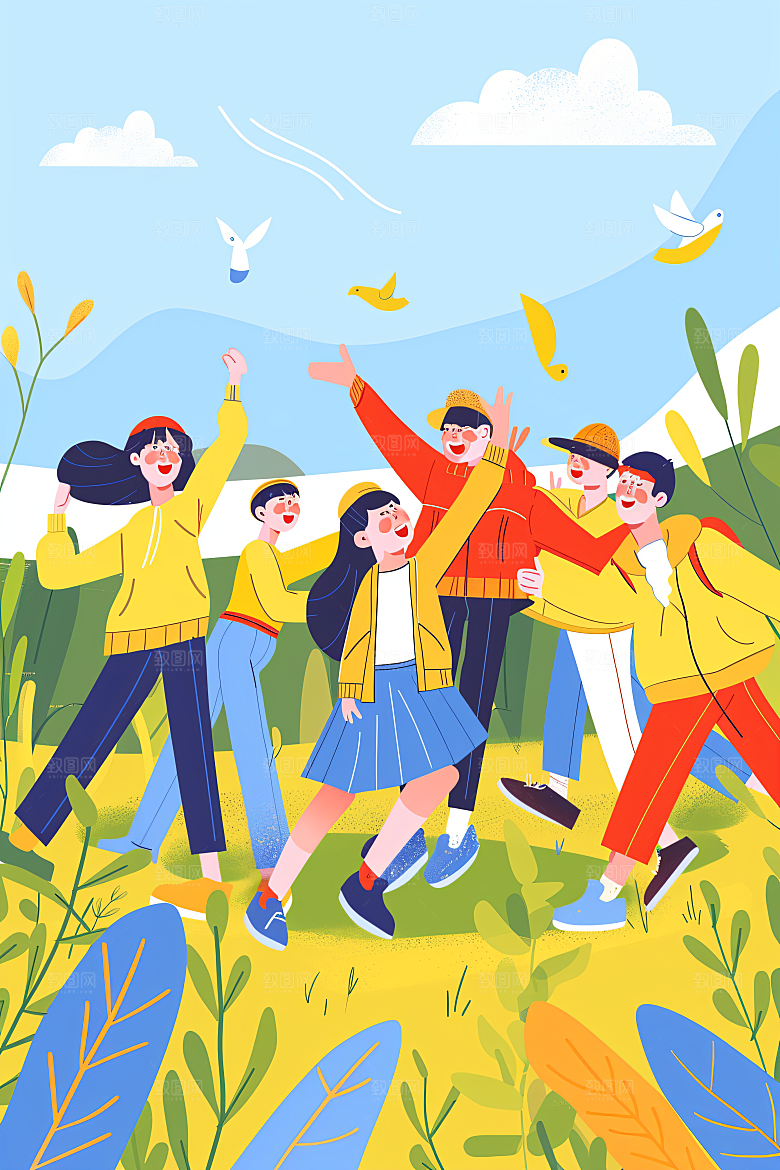 活力青年学生简约扁平风插画