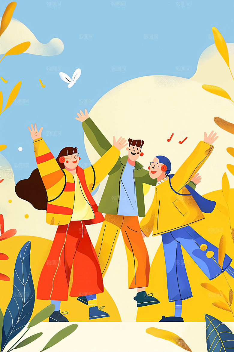 活力青年鲜明学生扁平风插画