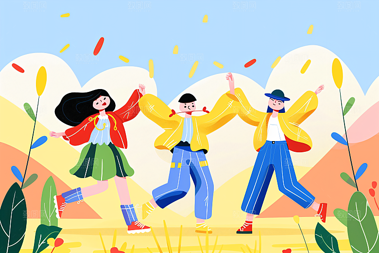 活力青年学生青春洋溢扁平风插画
