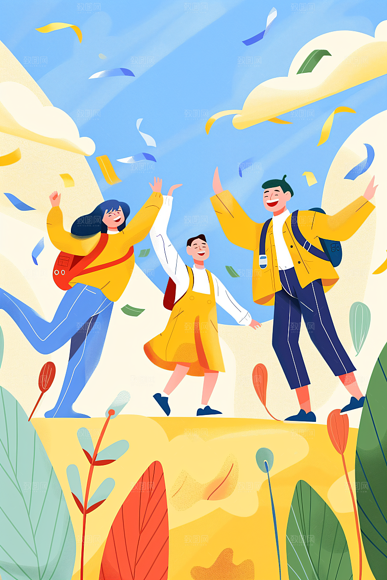 活力青年学生积极向上扁平风插画