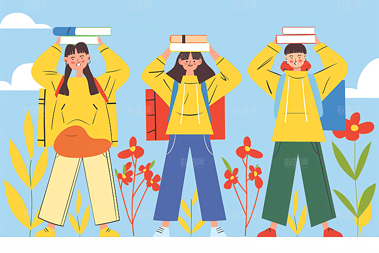 活力青年学生青春洋溢扁平风插画
