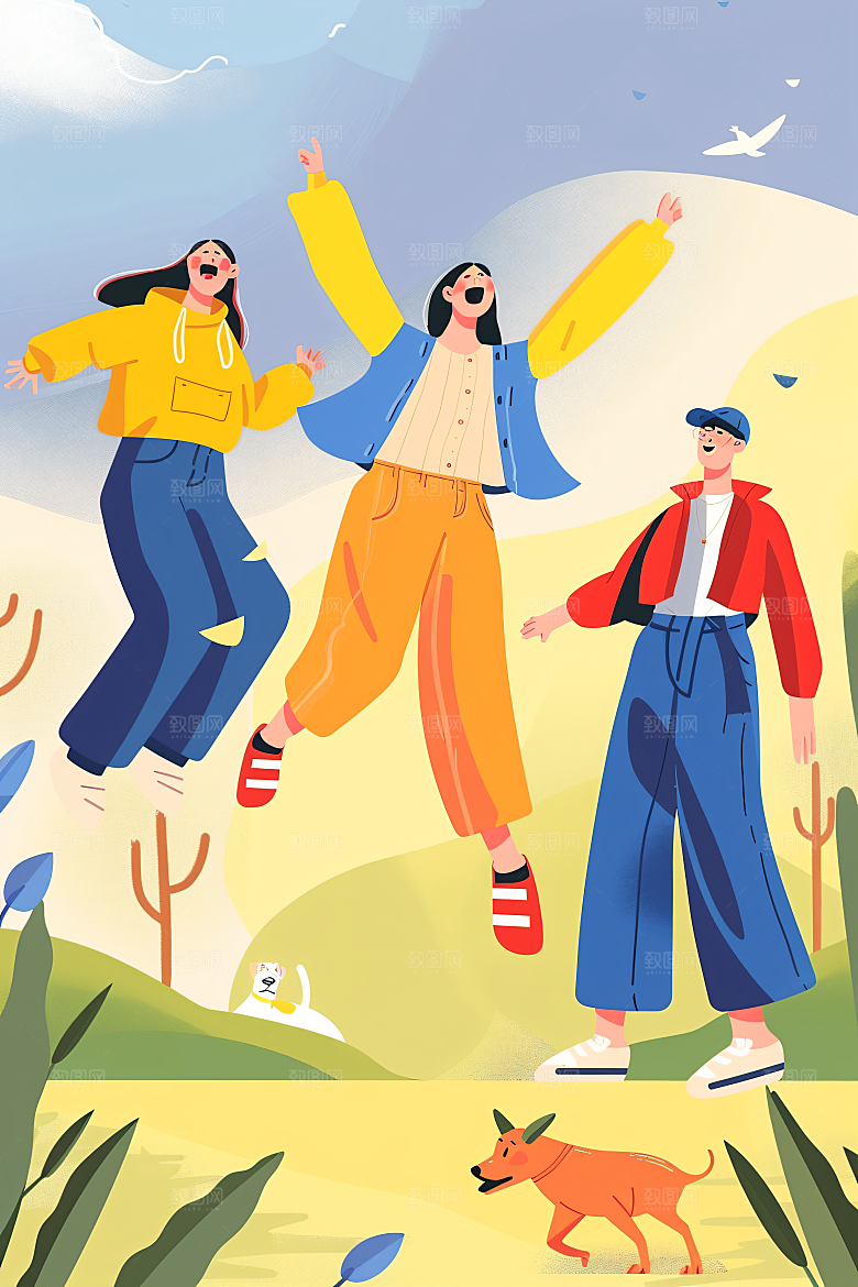 活力青年简约活泼扁平风插画