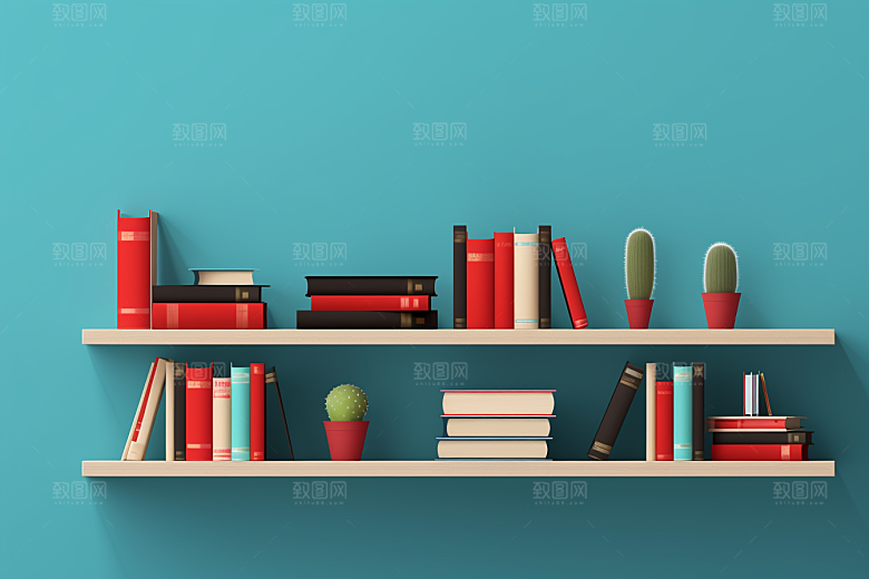 扁平风书架书本几何看书插画