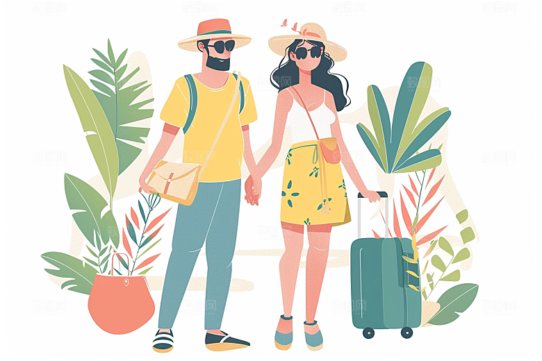 旅游人物清新旅行扁平风插画