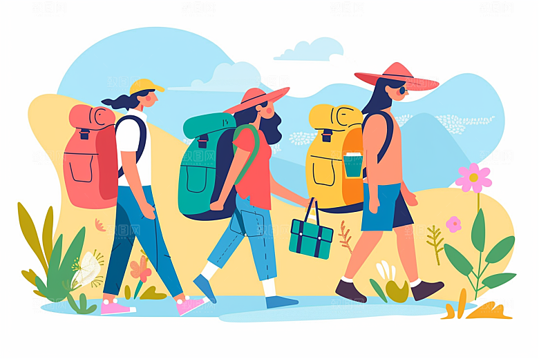 旅游人物自由行简约扁平风插画
