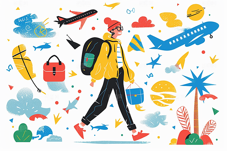 旅游人物清新户外扁平风插画