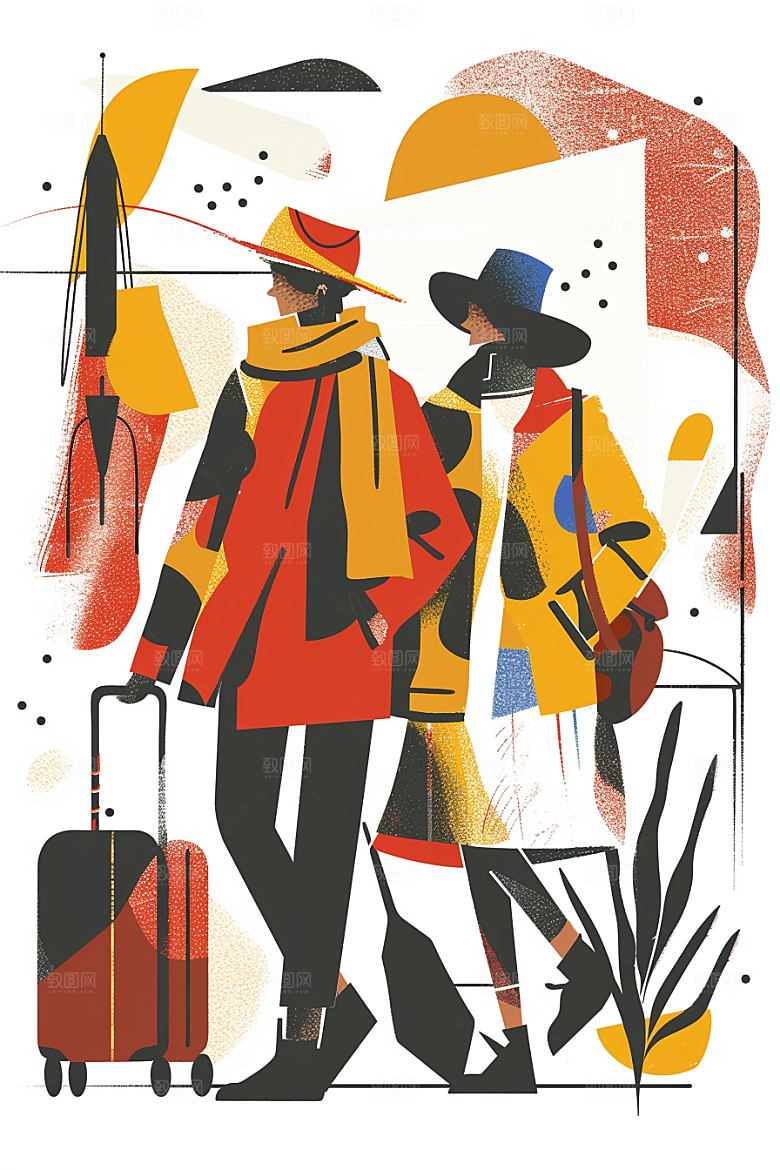 旅游人物徒步彩色扁平风插画