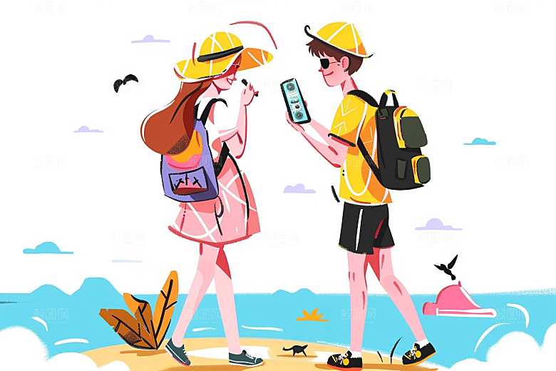 旅游人物游玩小长假扁平风插画