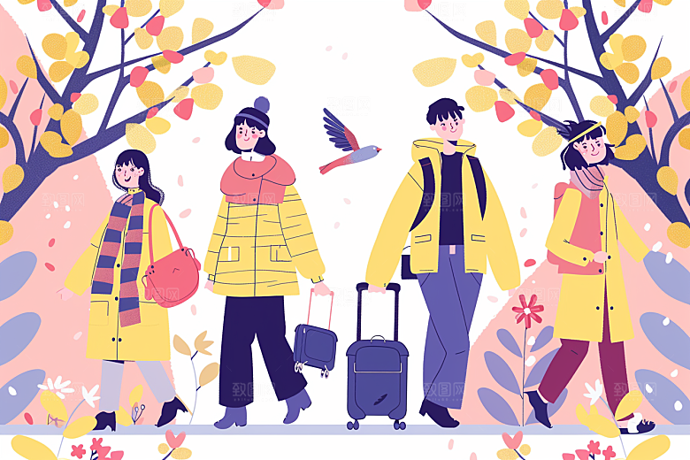 旅游人物自由行清新扁平风插画