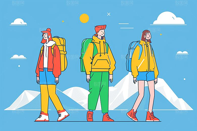 旅游人物自由行清新扁平风插画