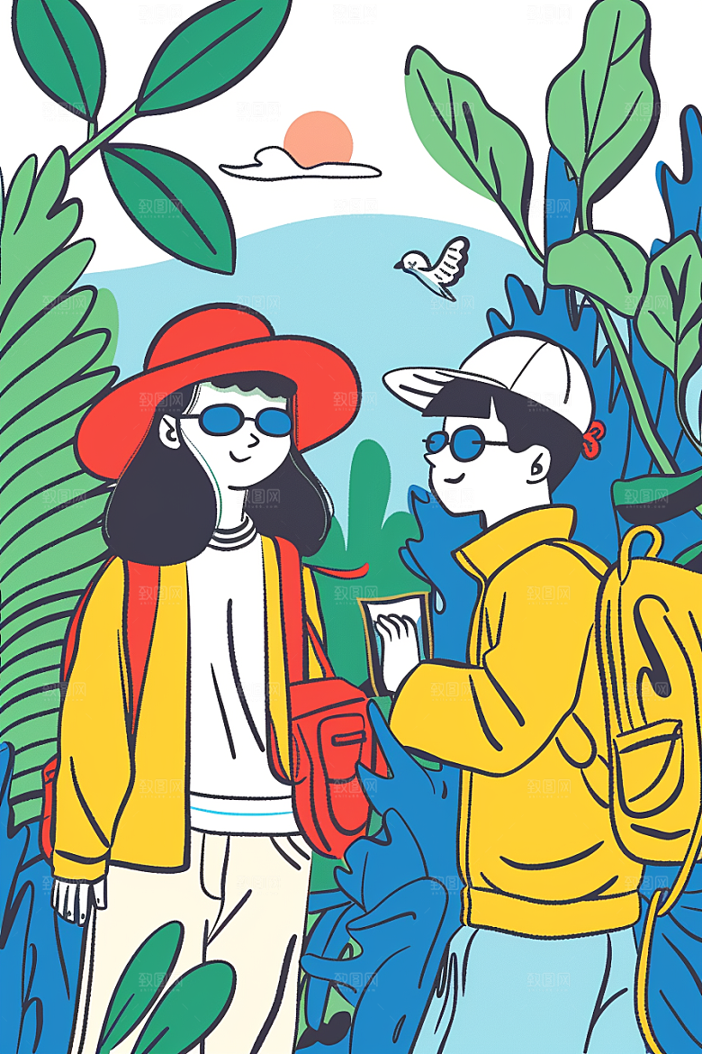 旅游人物出行度假扁平风插画