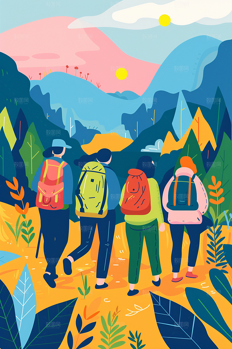 旅游人物小长假彩色扁平风插画