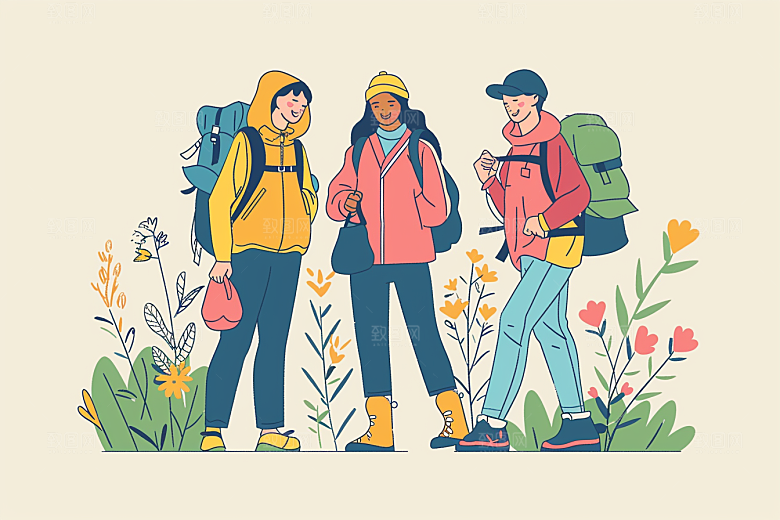 旅游人物简约自然扁平风插画