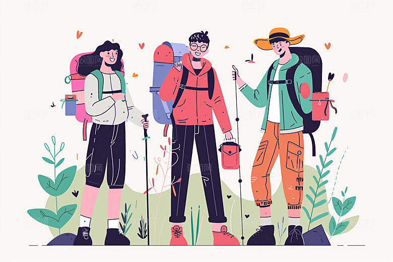 旅游人物徒步自由行扁平风插画