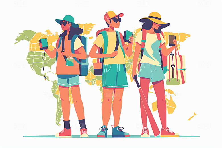 旅游人物简约游玩扁平风插画