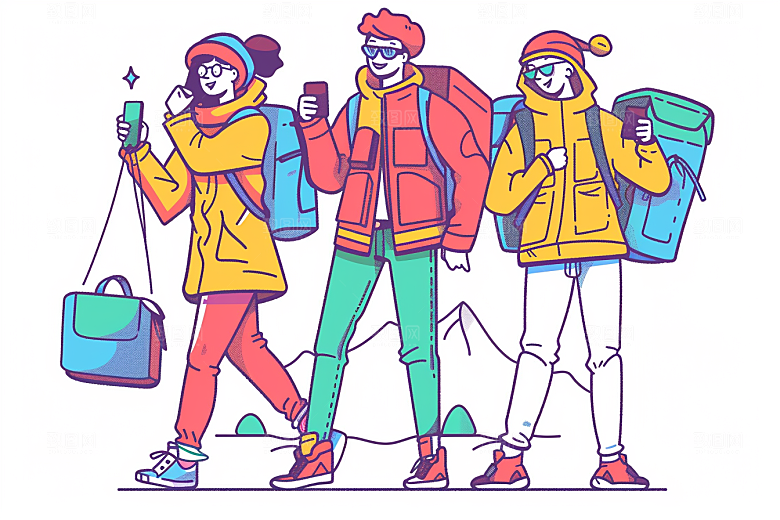 旅游人物清新游玩扁平风插画