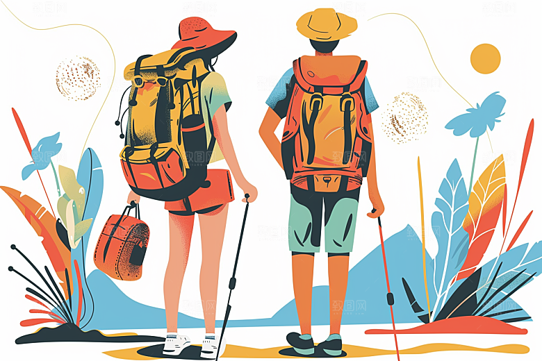 旅游人物清新游玩扁平风插画
