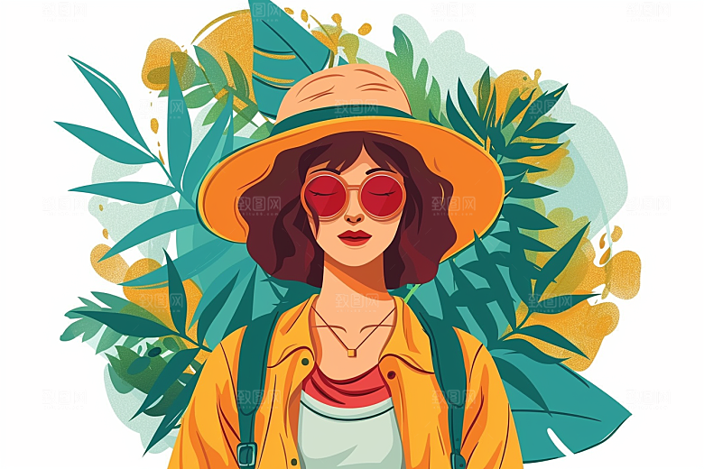 旅游人物清新简约扁平风插画