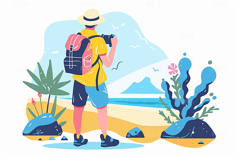 旅游人物徒步出行扁平风插画