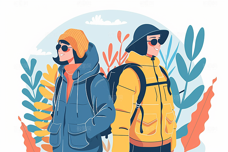 旅游人物自然旅行扁平风插画