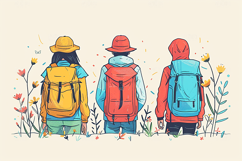 旅游人物清新户外扁平风插画