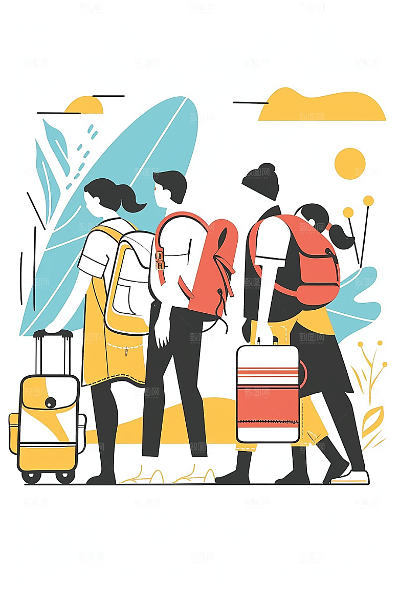 旅游人物清新户外扁平风插画