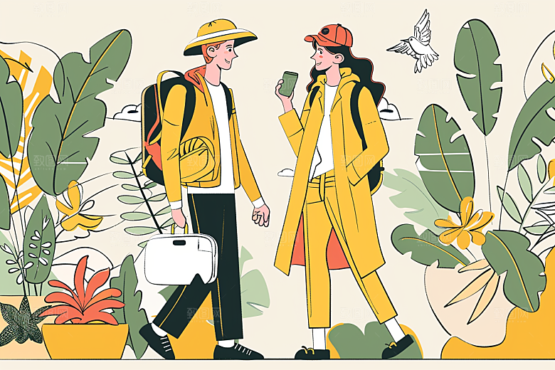 旅游人物户外彩色扁平风插画