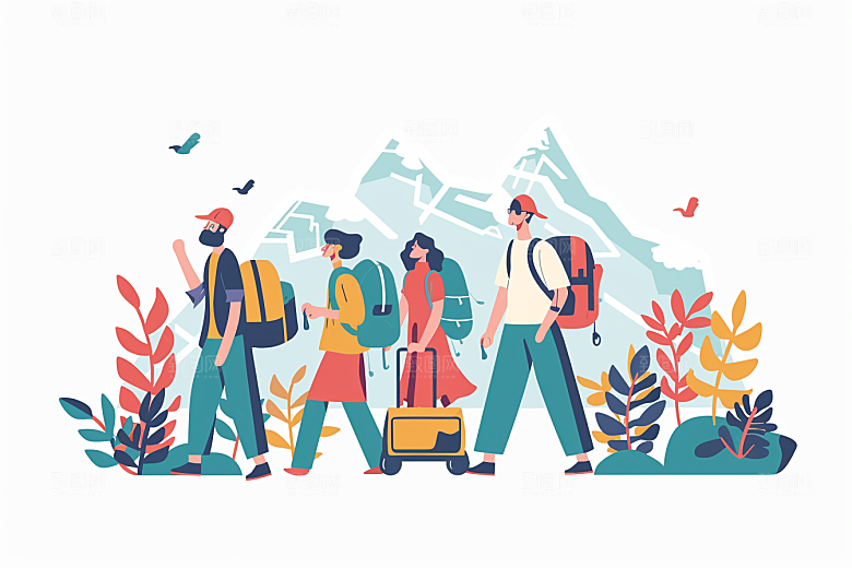 旅游人物清新彩色扁平风插画