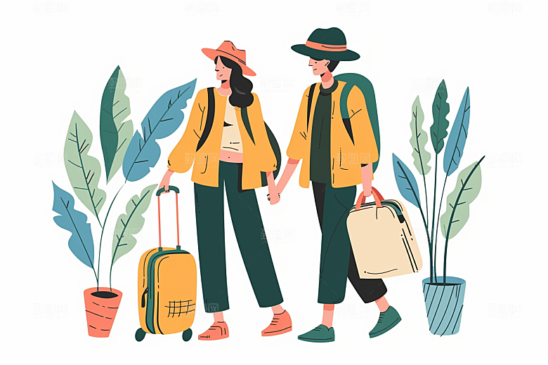 旅游人物小长假自然扁平风插画