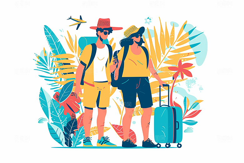 旅游人物清新自然扁平风插画