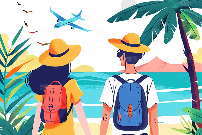 旅游人物自然自由行扁平风插画