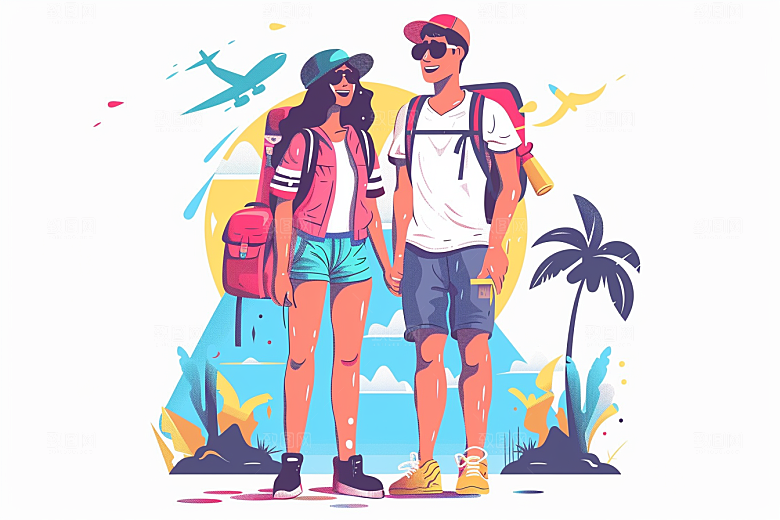 旅游人物彩色简约扁平风插画
