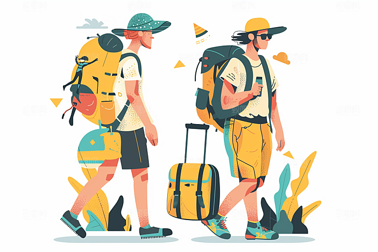 旅游人物清新自然扁平风插画