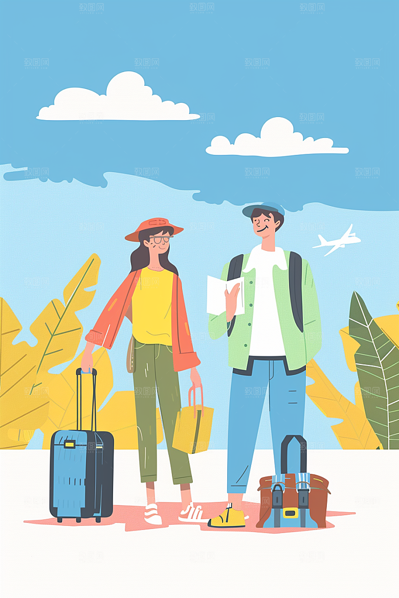 旅游人物度假户外扁平风插画