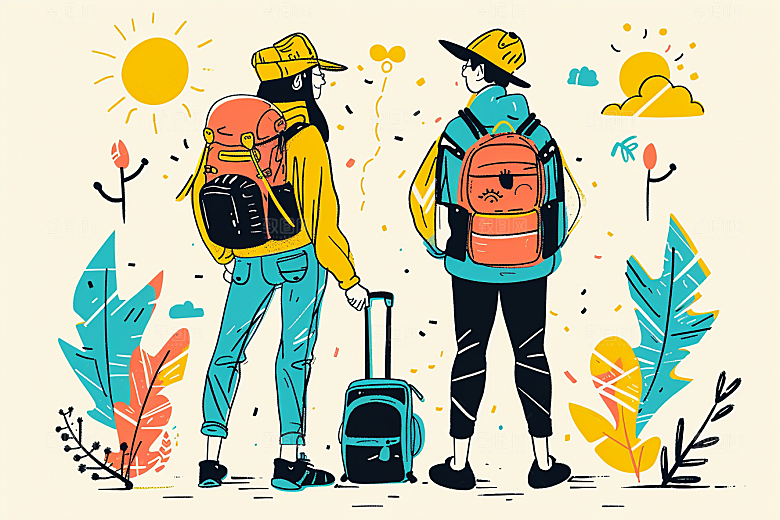 旅游人物清新自然扁平风插画