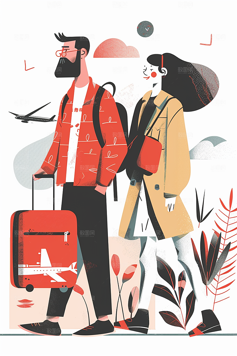 旅游人物徒步出行扁平风插画